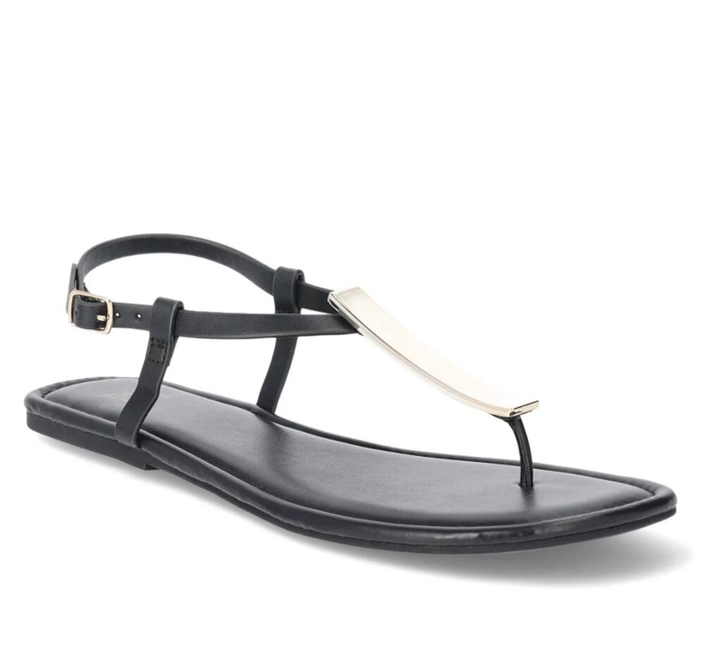 Time and Tru Womens Hardware T-Strap Flat Sandals Black Gold NWT Size 10 EU 41